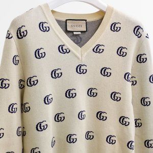Gucci Monogram GG Knit V-Neck Sweater - Cream